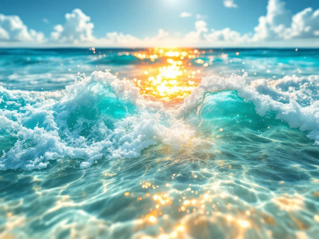 Turquoise Caribbean ocean waters off Aruba's coast with gentle waves, white foam caps, and golden sunlight sparkling on surface