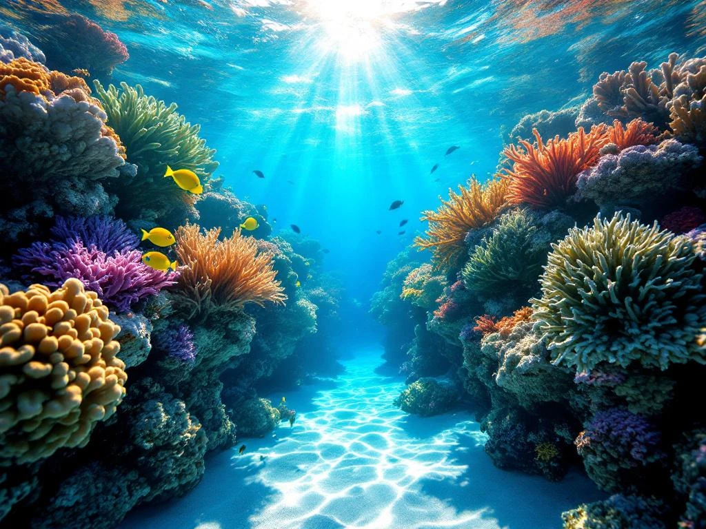 Split-level view of two Caribbean coral reefs in Aruba with colorful fish, sea fans, and sunlight rays underwater