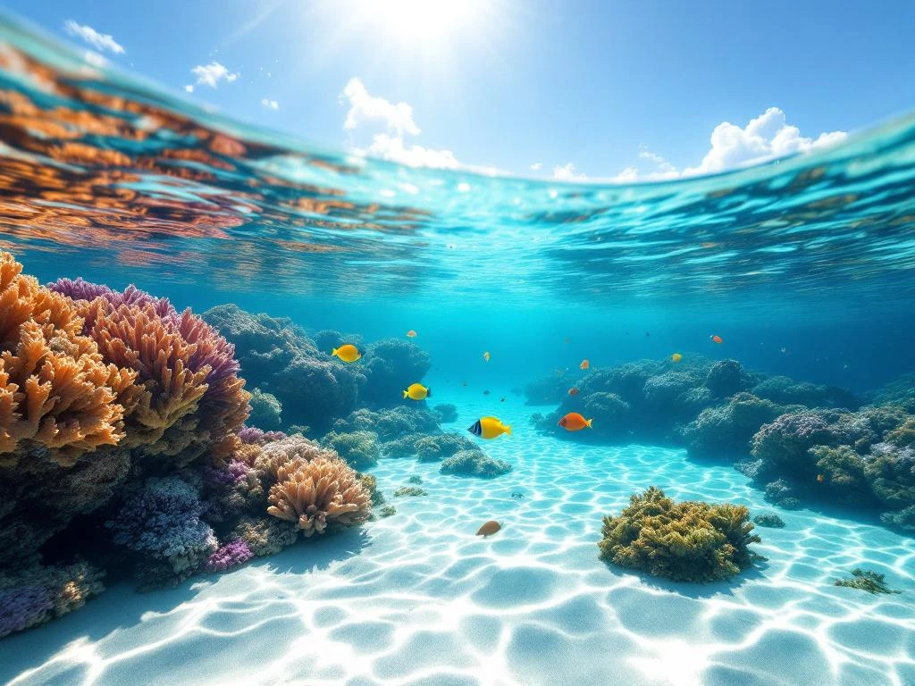 Pristine Caribbean coral reef with turquoise water, colorful tropical fish, and vibrant orange and purple corals in calm shallows