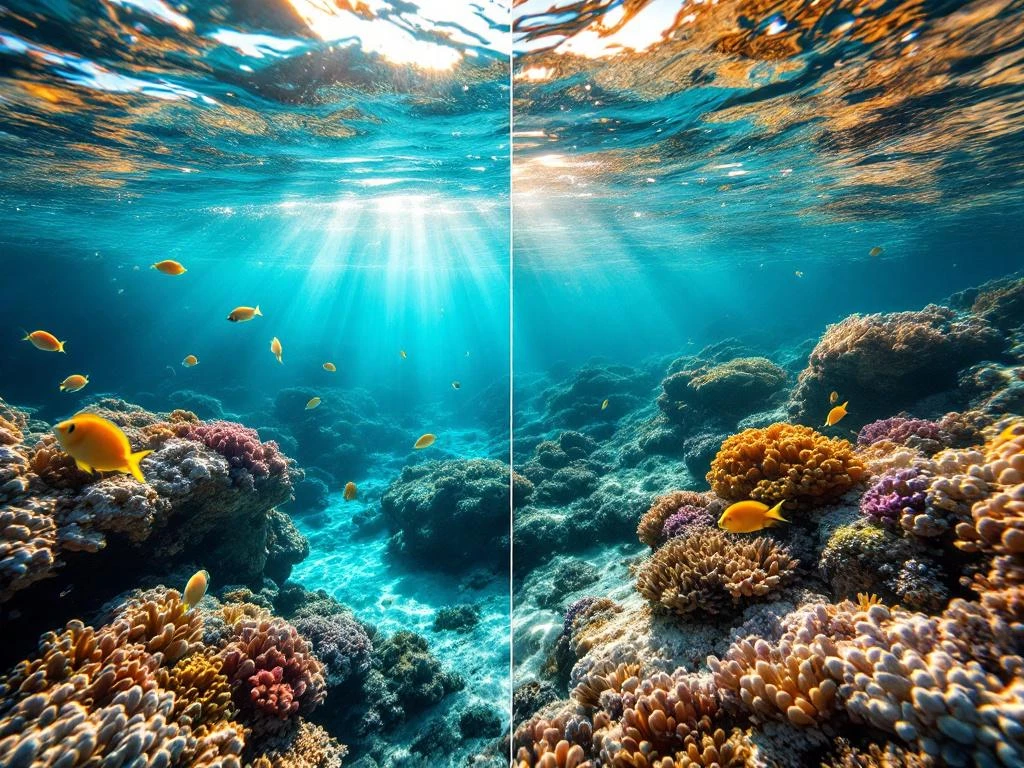 Split-screen comparison of Caribbean coral reef: morning clarity with vibrant colors versus hazy afternoon light and marine activity
