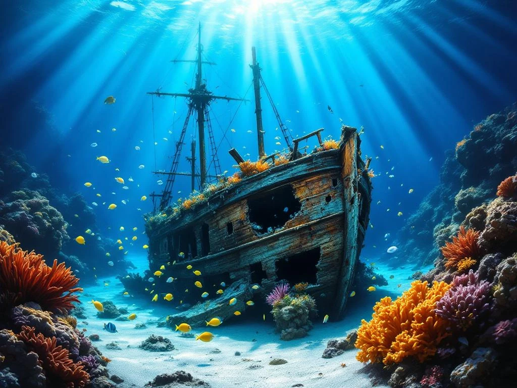 Caribbean shipwreck on ocean floor covered in coral and tropical fish with sunbeams piercing turquoise water