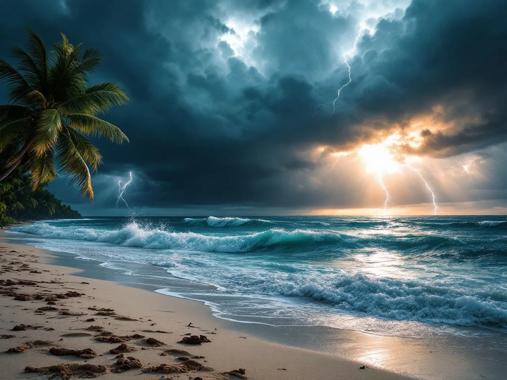 Tropical storm over Caribbean beach with lightning, dark clouds, crashing waves, and palm fronds scattered by fierce winds.