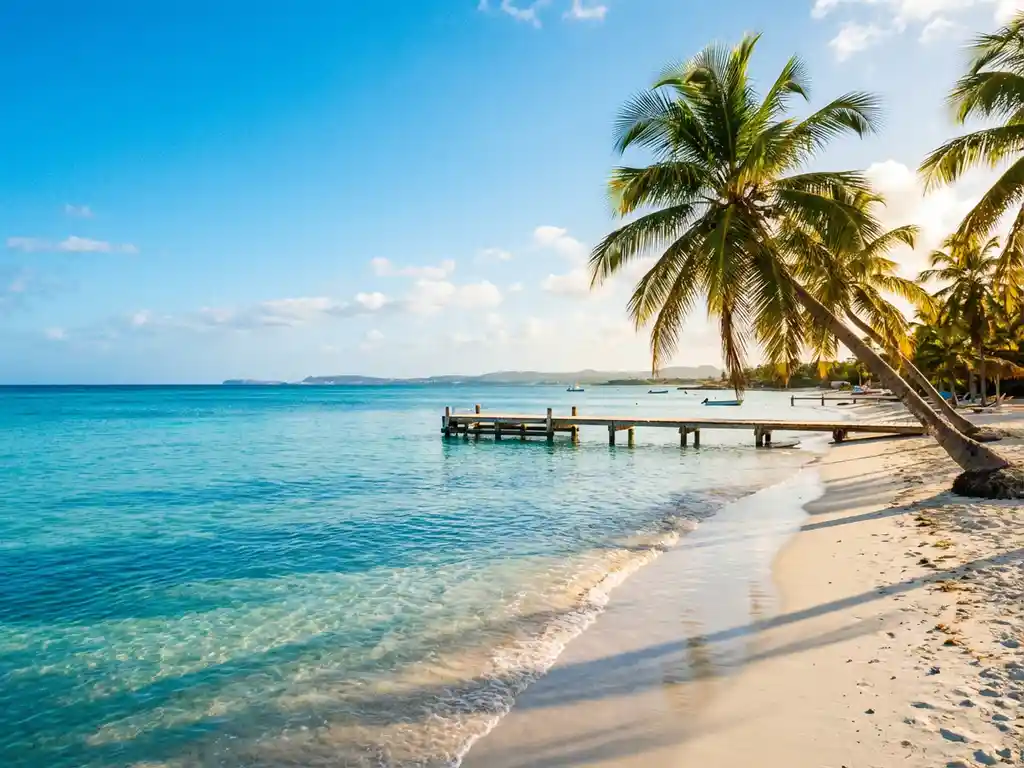 Turquoise Caribbean bay with white sandy beach, palm trees, wooden dock, and crystal-clear water under blue skies in Aruba