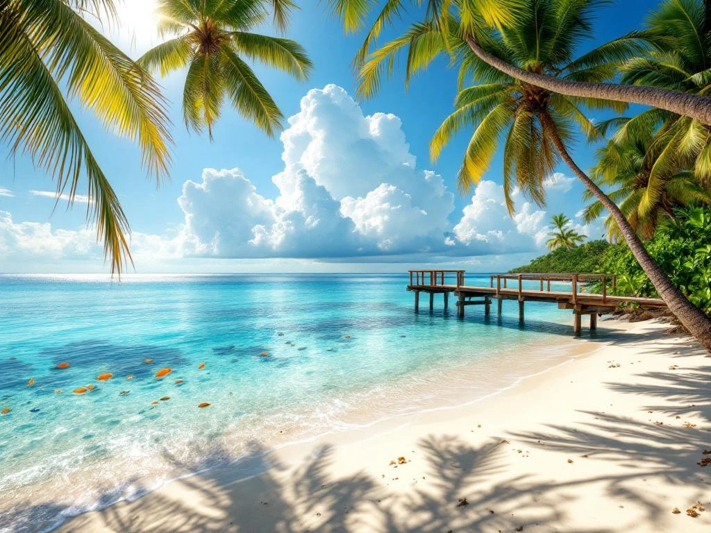 Caribbean beach in Aruba with turquoise waters, white sand, palm trees, coral reef, and wooden dock under blue sky