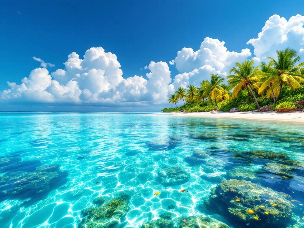 Crystal-clear turquoise Caribbean waters with coral reef, tropical fish, white sand beach, and palm trees under blue sky