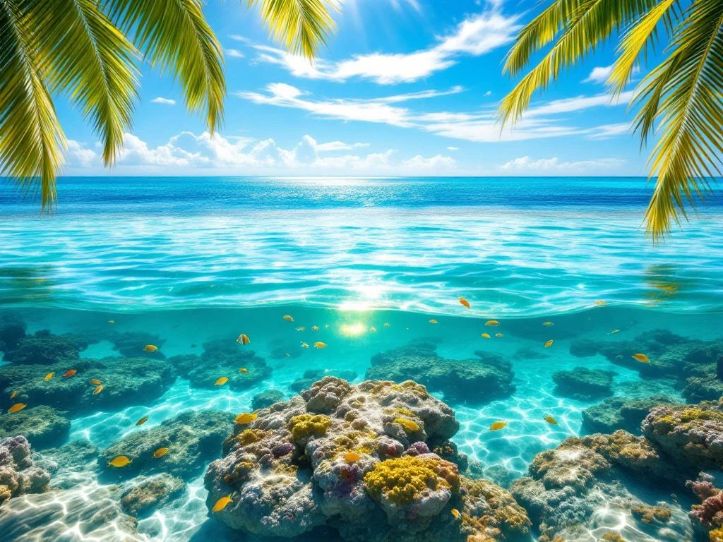 Crystal-clear turquoise Caribbean waters with coral reef, tropical fish, palm trees, and white sand beach under blue sky