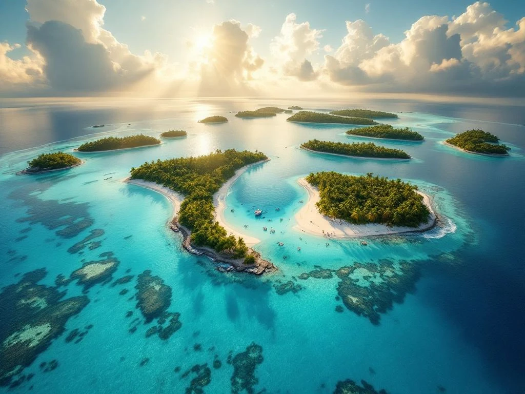 Aerial view of turquoise Caribbean waters surrounding tropical islands with white sandy beaches, coral reefs, and palm trees