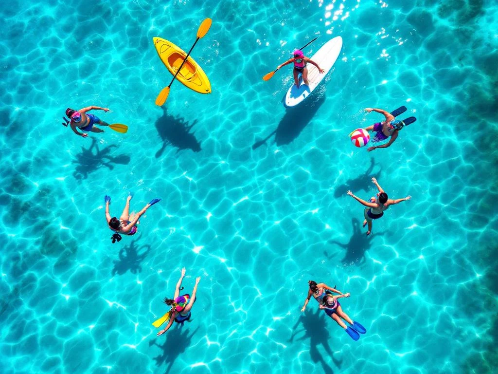 Overhead view of turquoise Caribbean water with kayak, snorkeling gear, paddleboard, and water sports equipment in circular arrangement