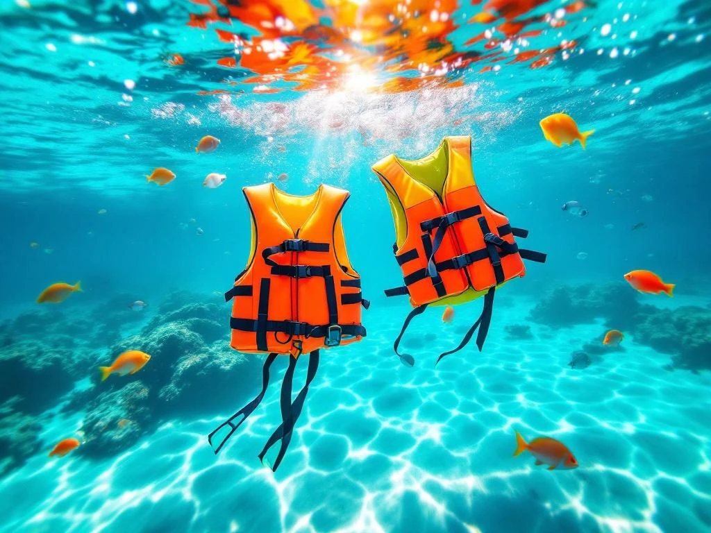 Orange and yellow life jackets floating in crystal-clear turquoise Caribbean waters with vibrant coral reef below