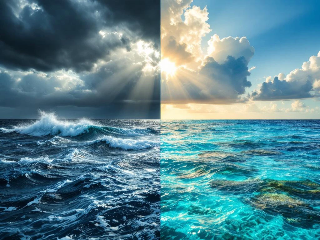 Split-screen Caribbean ocean showing stormy grey waves on left and calm turquoise waters with coral reefs on right