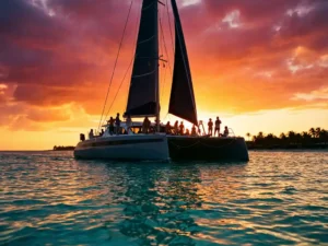 Luxury catamaran sailing in turquoise waters off Aruba coast at sunset with passengers silhouetted against golden sky