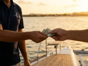 Crew member receiving cash tip from passenger on luxury catamaran deck during golden sunset over Caribbean waters in Aruba