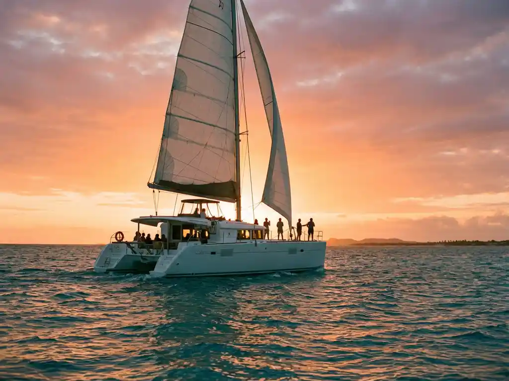 Luxury catamaran sailing through turquoise Caribbean waters at sunset with passengers silhouetted against orange sky