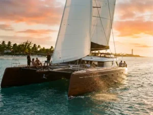 Luxury catamaran sailing through turquoise Caribbean waters at sunset with passengers on deck near Aruba coastline