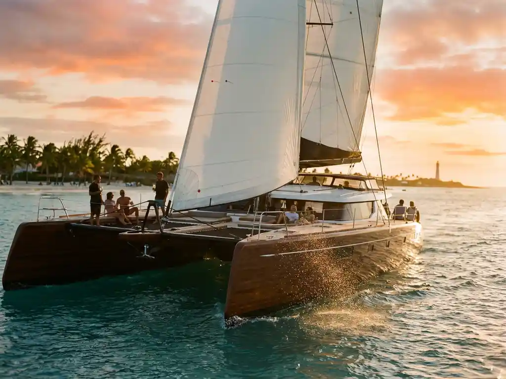 Luxury catamaran sailing through turquoise Caribbean waters at sunset with passengers on deck near Aruba coastline