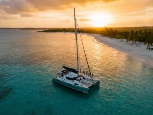 Catamaran sailing boat anchored in turquoise Caribbean waters near pristine beach with palm trees at golden sunset