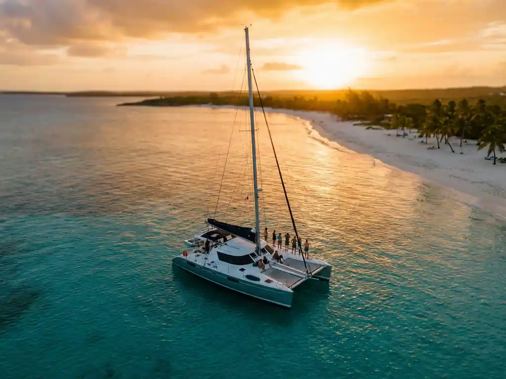 Catamaran sailing boat anchored in turquoise Caribbean waters near pristine beach with palm trees at golden sunset