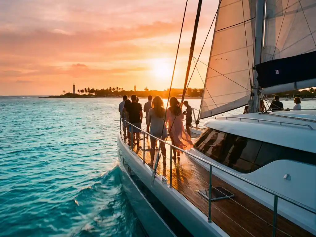 Luxury catamaran sailing turquoise Caribbean waters at sunset with passengers viewing orange sky near Aruba coastline