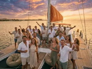 Diverse group of people enjoying cocktails on catamaran deck at sunset in Aruba with golden sky and calm waters