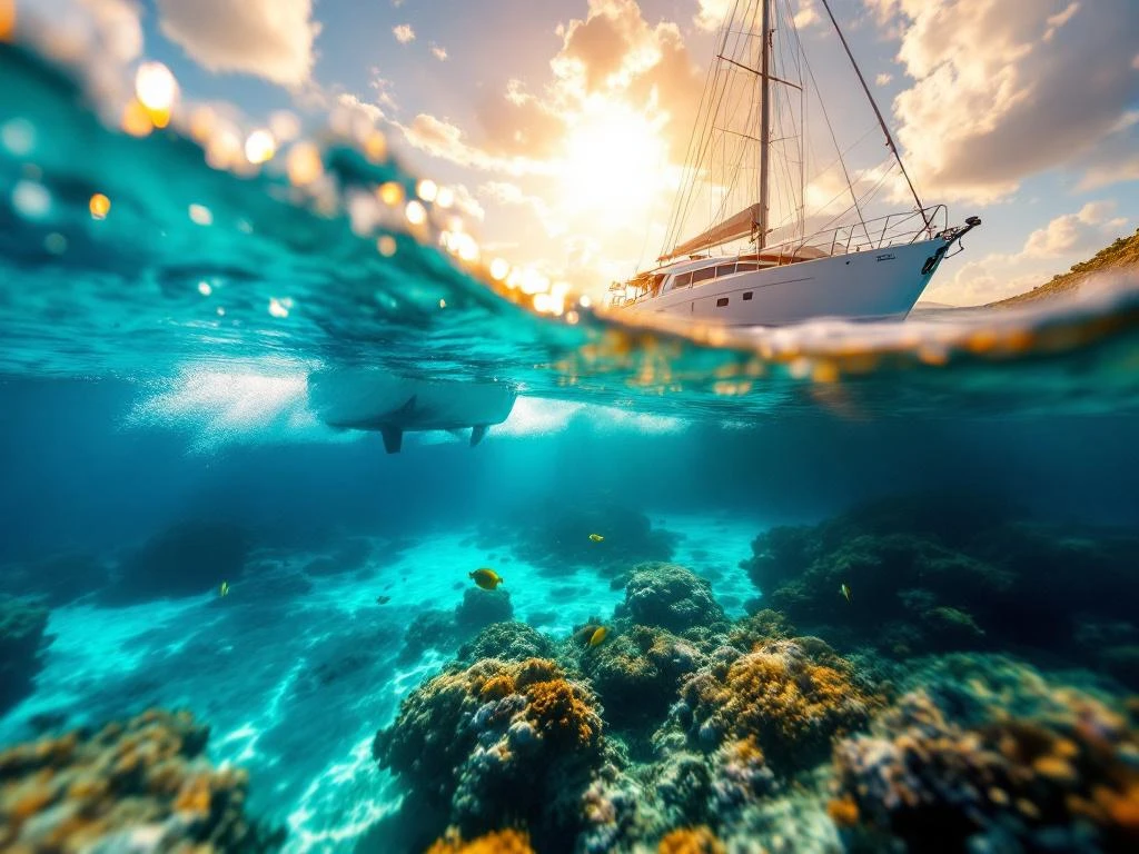 Split-view underwater photo comparing catamaran and schooner hulls in turquoise Caribbean waters with tropical fish below