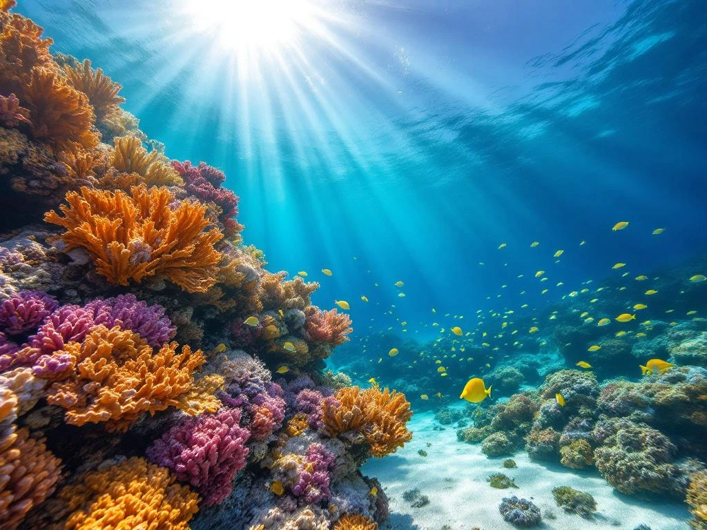 Vibrant coral reef with orange and pink corals, yellow tangs, and parrotfish in crystal-clear Caribbean waters with sunbeams.