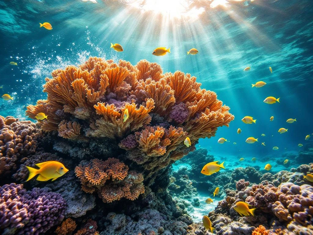 Vibrant coral reef with orange, purple, and yellow corals surrounded by tropical fish including parrotfish and angelfish in clear Caribbean waters.
