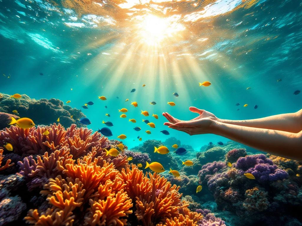 Vibrant Caribbean coral reef with colorful tropical fish and hands wearing reef-safe sunscreen promoting marine conservation