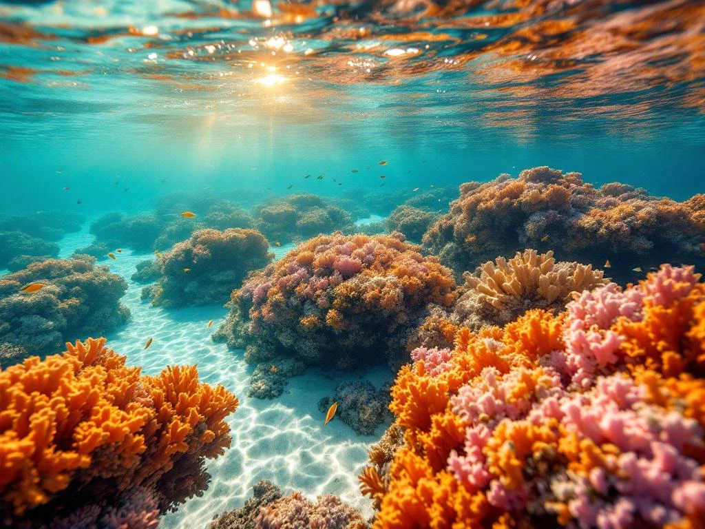 Crystal-clear Caribbean waters reveal vibrant coral reef with orange and pink formations near white sandy beach in Aruba.