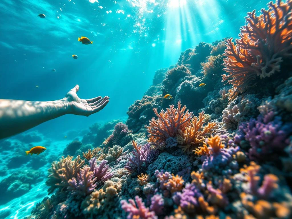 Snorkeler's hand near vibrant Caribbean coral reef with tropical fish in turquoise waters off Aruba's coast