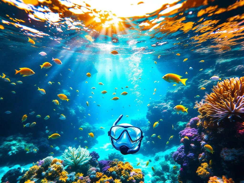 Vibrant coral reef with tropical fish swimming in clear Caribbean waters, snorkeling gear in foreground