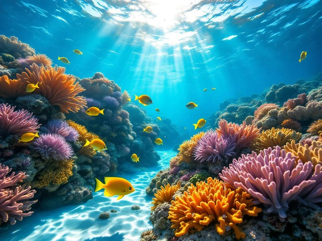 Vibrant Caribbean coral reef in Aruba with colorful corals, tropical fish, and sunlight streaming through turquoise water