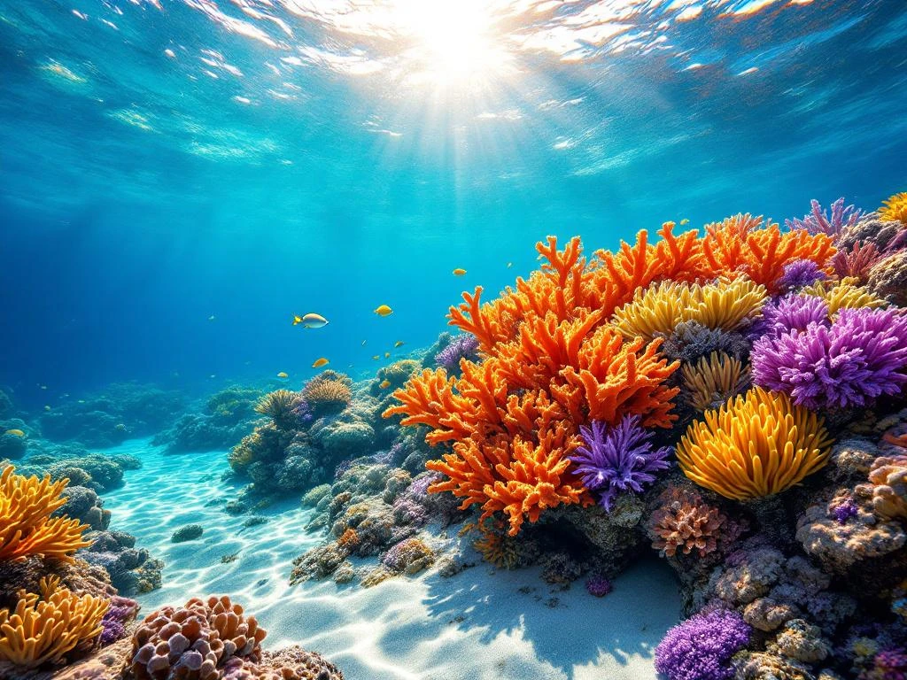 Vibrant Caribbean coral reef with orange brain corals, purple sea fans, yellow sponges, and tropical fish in Aruba waters.