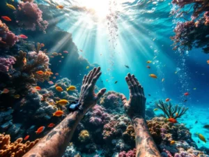 Scuba diver performing ear equalization technique underwater at Caribbean coral reef with tropical fish and sun rays