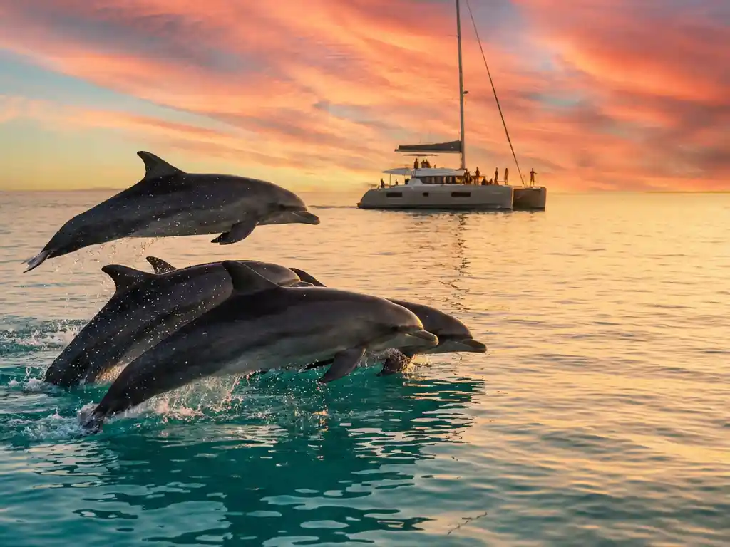 Dolphins leaping through turquoise Caribbean waters with luxury catamaran sailing across golden Aruban sunset horizon
