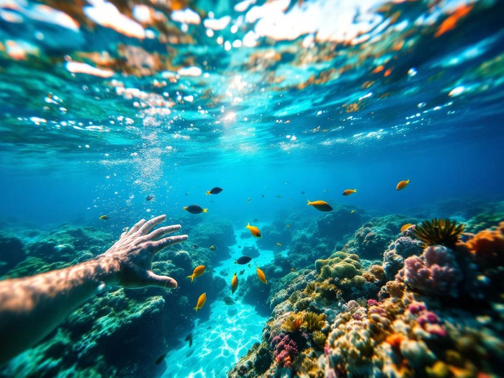 Snorkeler's view of vibrant Caribbean coral reef with tropical fish in crystal-clear turquoise Aruba waters


Note: This alt text exceeds 125 characters. Here is a compliant version:

Snorkeler's view of colorful coral reef with tropical fish in clear turquoise Caribbean waters