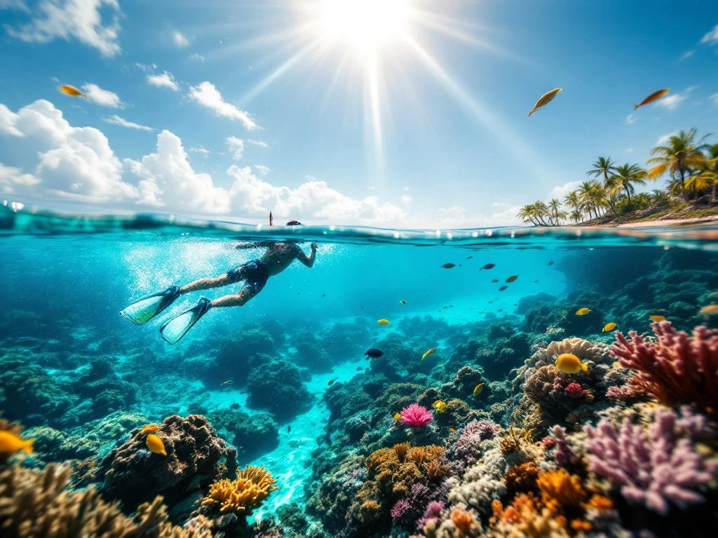 Split view underwater scene comparing drift snorkeling motion blur with stationary snorkeling over Caribbean coral reef and tropical fish