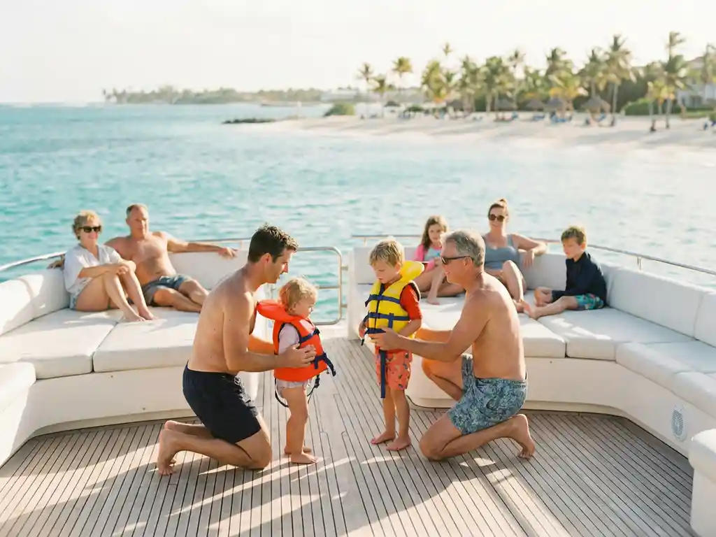 Diverse family with children putting on life jackets aboard luxury charter boat in turquoise Caribbean waters near Aruba