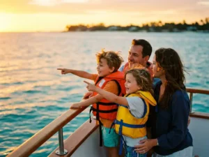 Family with children in life jackets pointing at golden sunset from cruise boat bow over turquoise Caribbean waters in Aruba