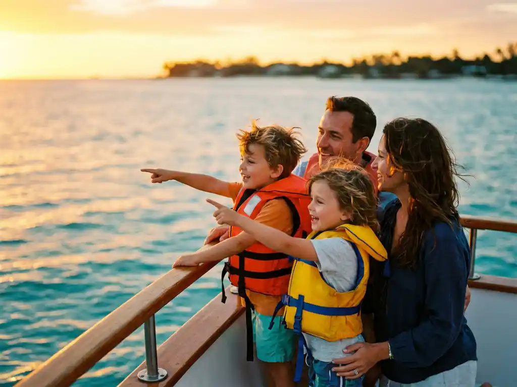 Family with children in life jackets pointing at golden sunset from cruise boat bow over turquoise Caribbean waters in Aruba