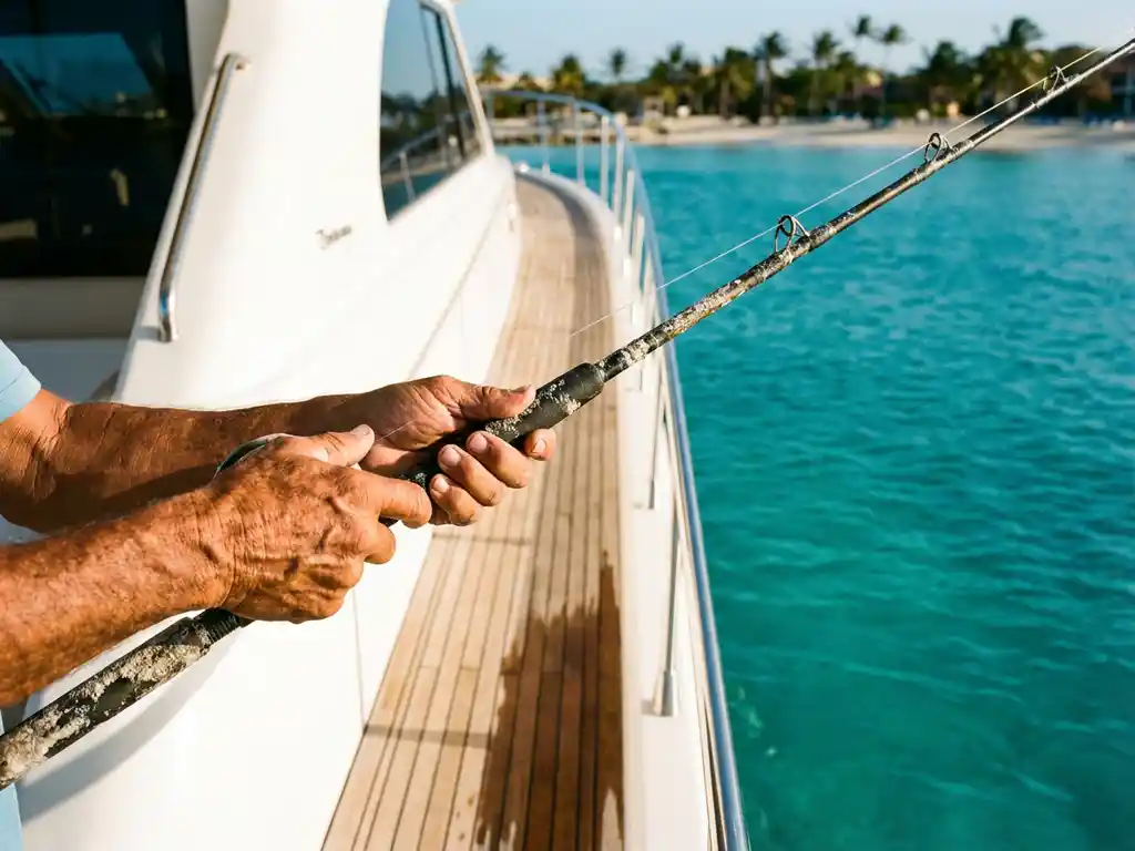 Person fishing from luxury charter boat deck with turquoise Caribbean waters and Aruban coastline in background