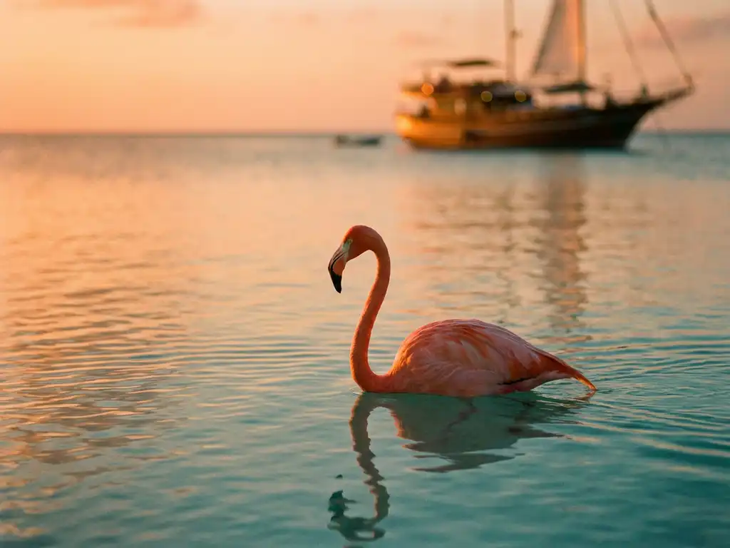 Pink flamingo standing in shallow turquoise Caribbean waters at sunset with cruise boat in background