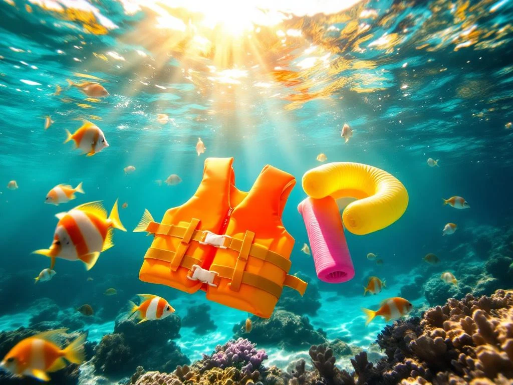 Colorful flotation devices including life jackets, foam noodles, and kickboards floating above Caribbean coral reef