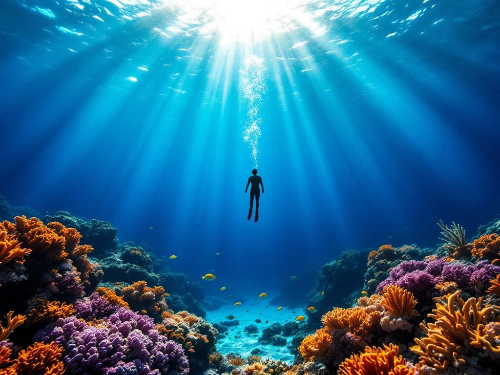Freediver descending through turquoise Caribbean water with sunbeams and colorful coral reef in Aruba