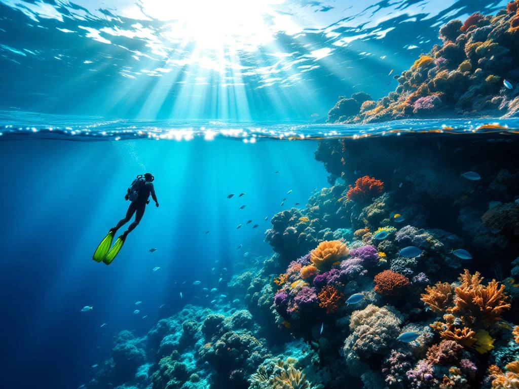 Freediver descending toward vibrant coral reef with tropical fish in crystal-clear turquoise Caribbean waters with sunbeams