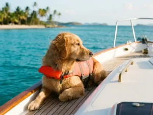 Golden retriever in orange life vest sitting on luxury yacht deck with turquoise Caribbean waters and Aruba coastline.