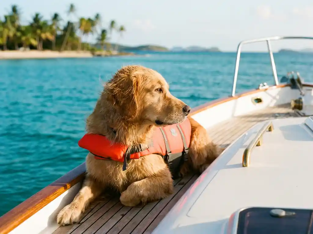 Golden retriever in orange life vest sitting on luxury yacht deck with turquoise Caribbean waters and Aruba coastline.