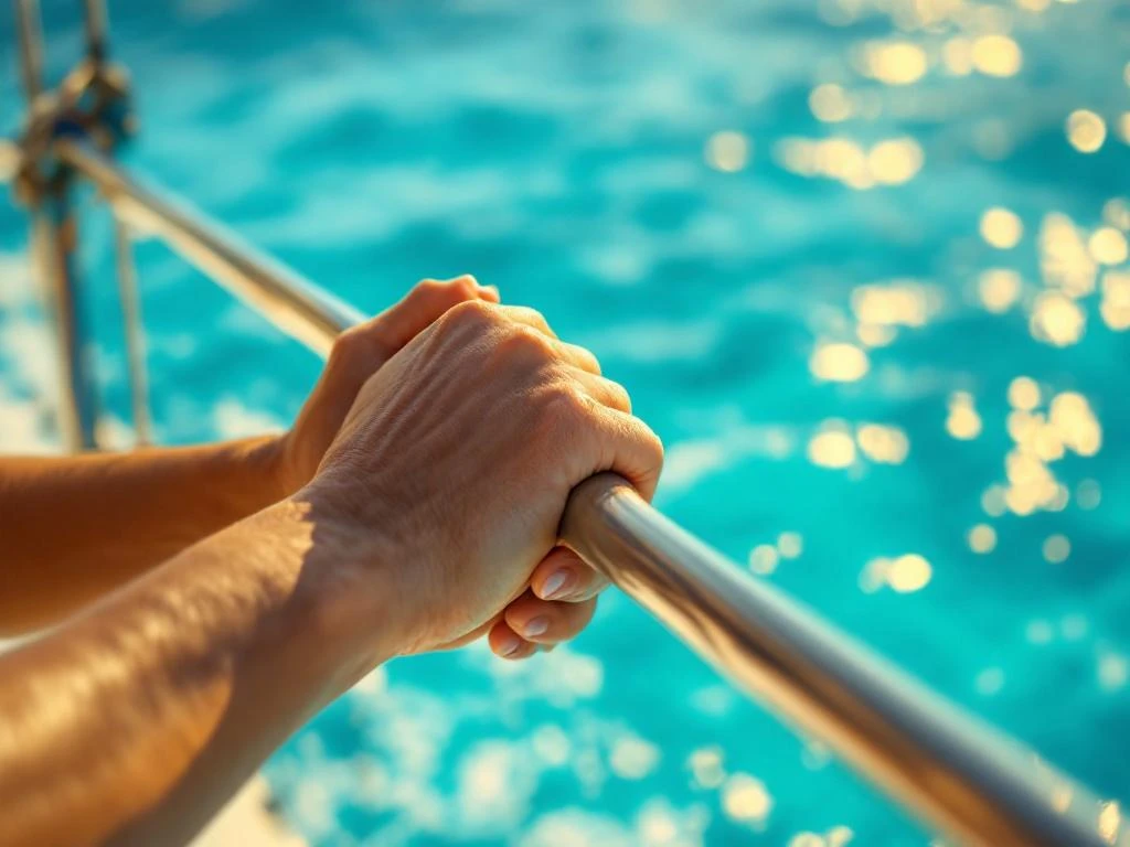 Hands gripping boat railing with white knuckles over turquoise Caribbean waters in Aruba during sunny day sail