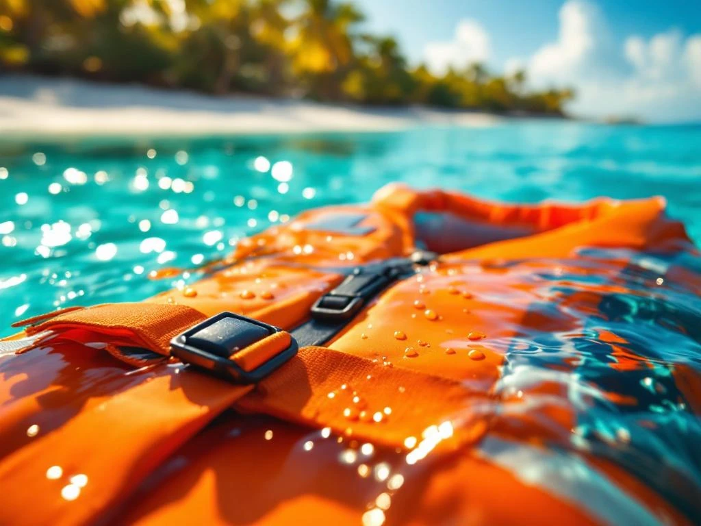 Bright orange life jacket floating on turquoise Caribbean water near Aruba's white sand beach with coral below
