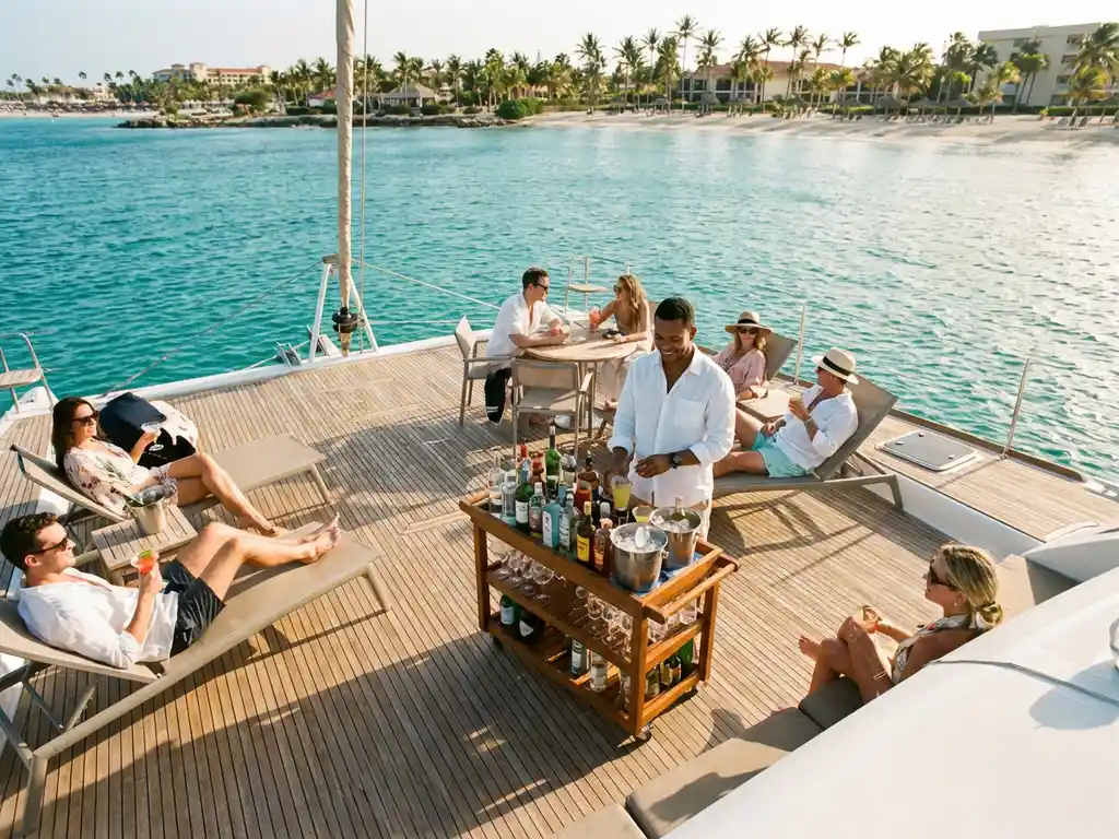 Luxury boat charter with passengers enjoying cocktails on deck in turquoise Caribbean waters near Aruba coastline
