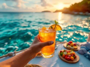 Crew member serving tropical cocktail on luxury Caribbean cruise with turquoise waters and coral reef at sunset